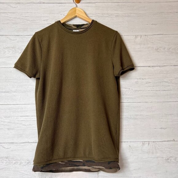 Zara Shirt Womens Size Medium Olive Green Camouflage Thermal Waffle Knit Neutral - Picture 3 of 16